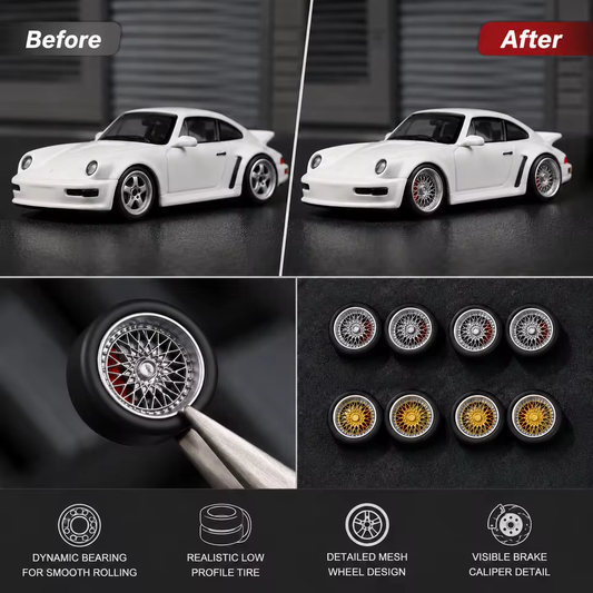 Before and after comparison of 1:64 model car wheels with dynamic bearing, low profile rubber tire, detailed mesh design and visible brake caliper